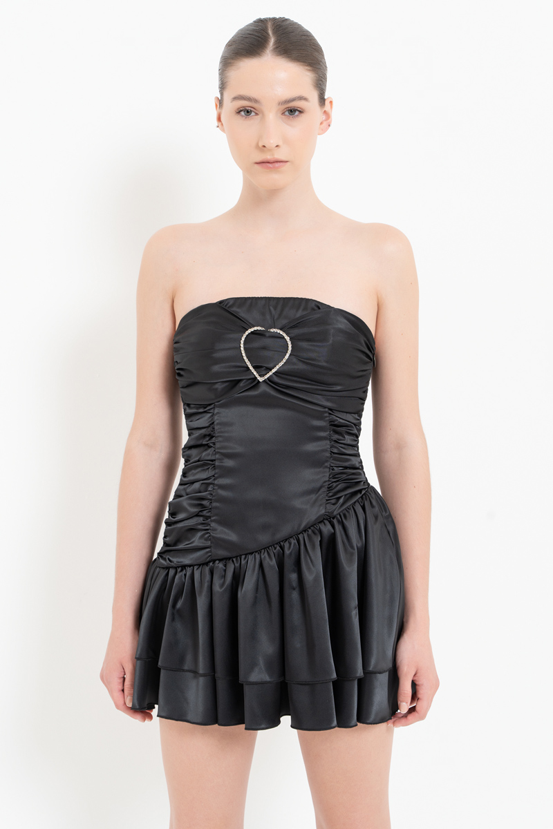 Black Heart-Buckle Satin Tube Dress