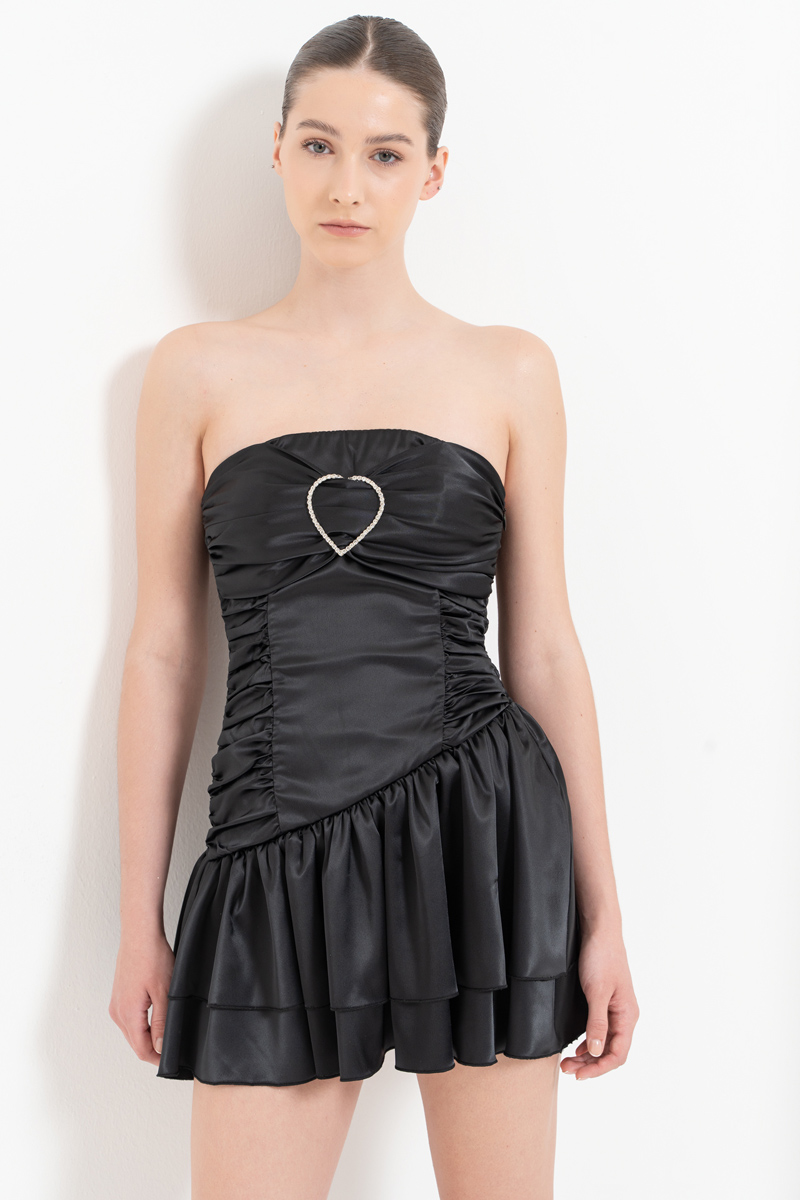 Black Heart-Buckle Satin Tube Dress