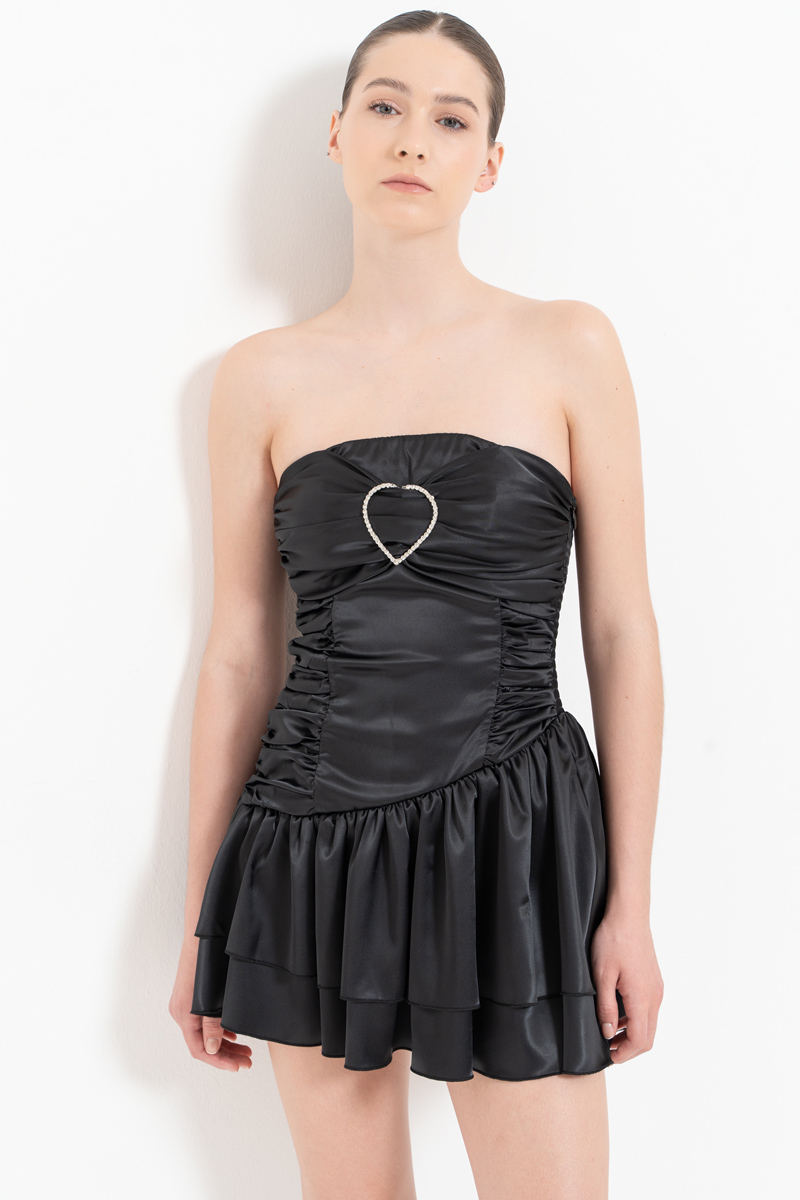 Black Heart-Buckle Satin Tube Dress