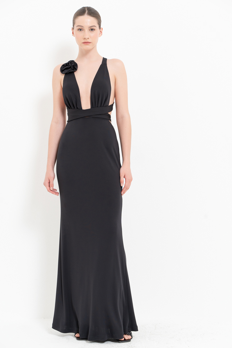 Black Self-Tie Rose-Accent Satin Dress