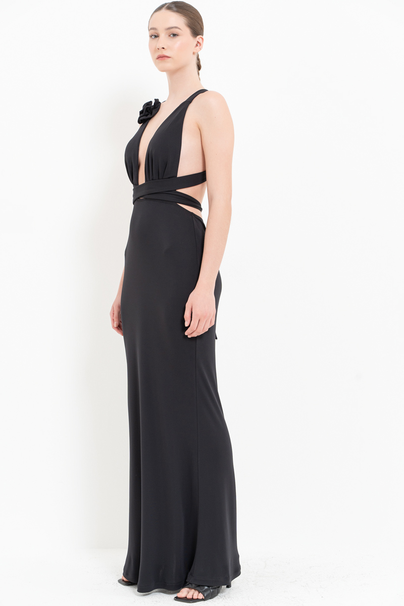 Black Self-Tie Rose-Accent Satin Dress