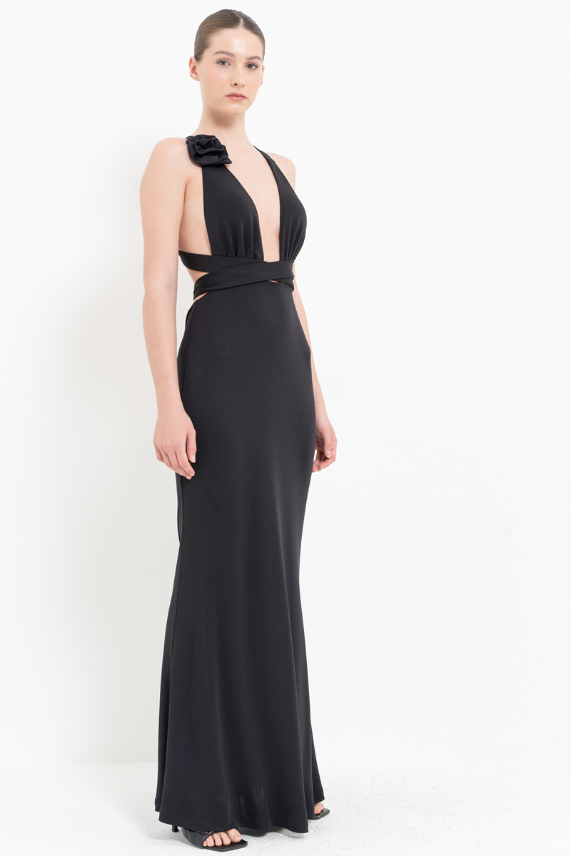 Black Self-Tie Rose-Accent Satin Dress