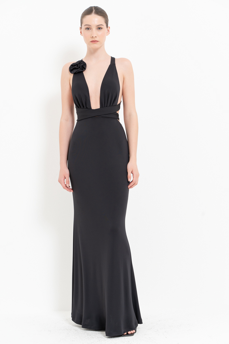 Black Self-Tie Rose-Accent Satin Dress