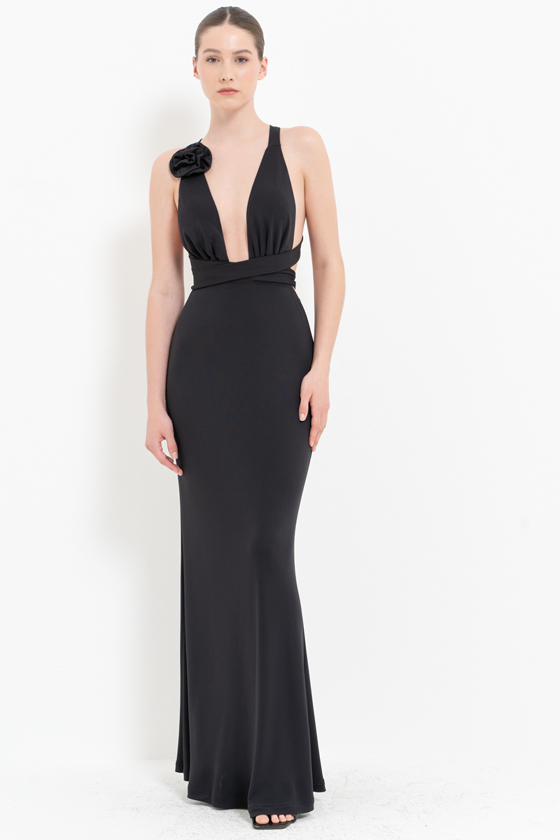 Black Self-Tie Rose-Accent Satin Dress