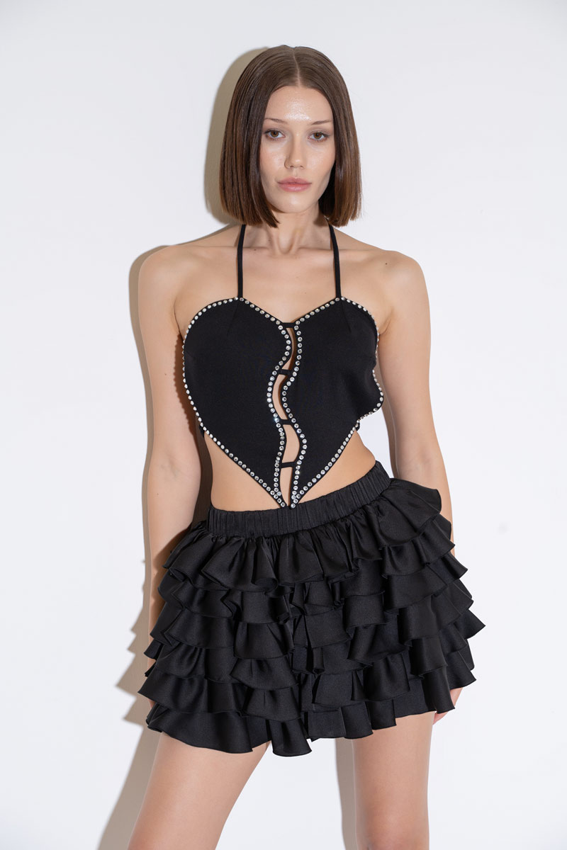 Wholesale Black Self-Tie Embellished Heart Top