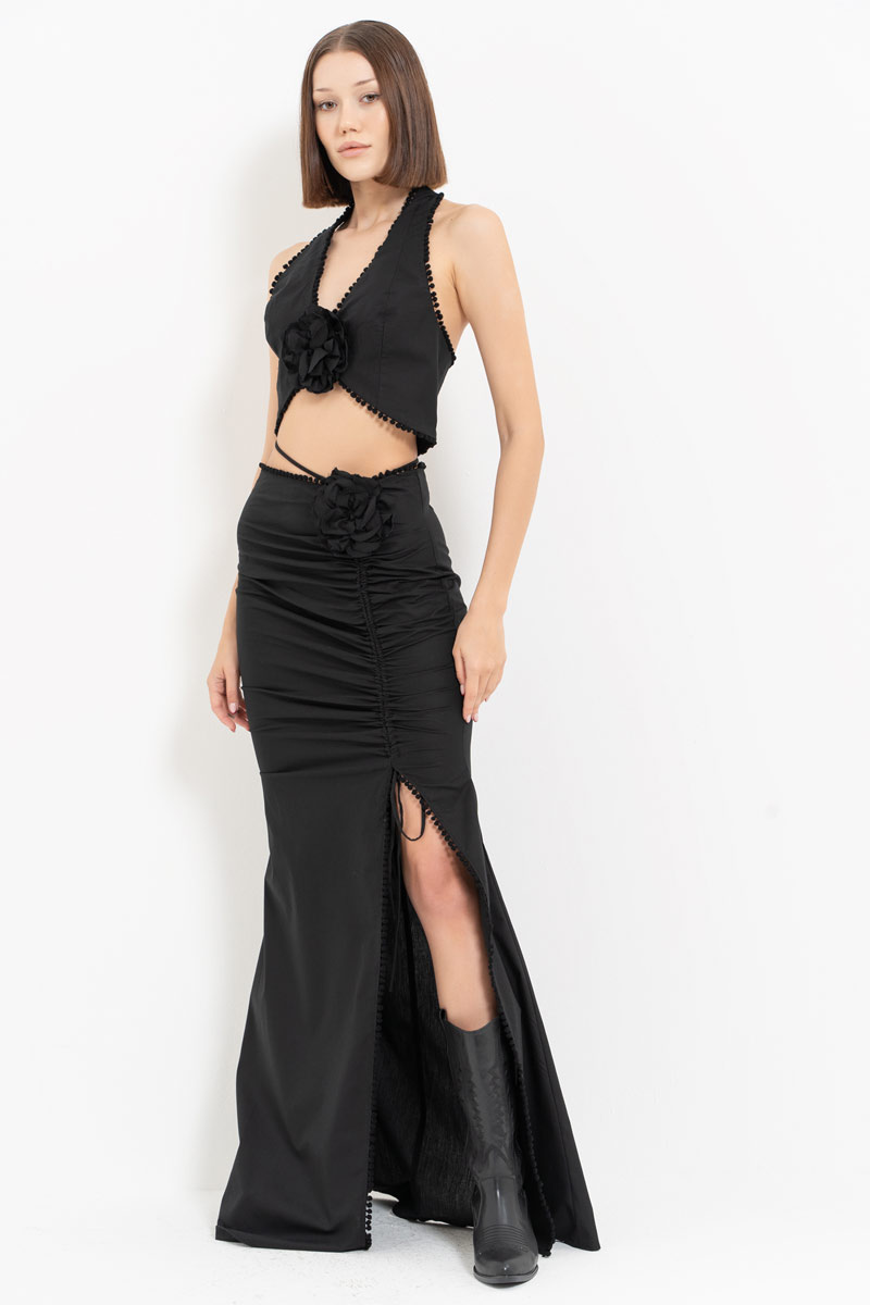 Wholesale Black Rose-Accent Crop Cami & Strappy Skirt Set