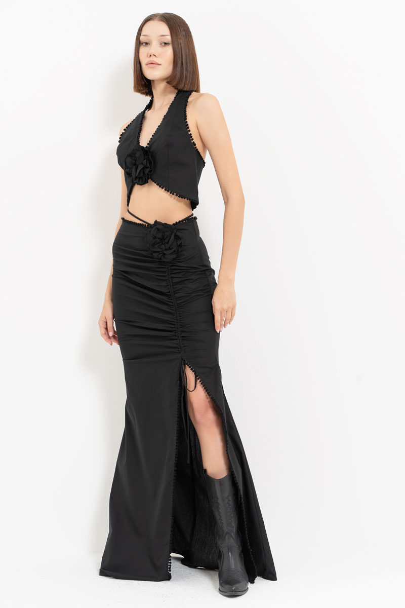 Black Rose-Accent Crop Cami & Strappy Skirt Set