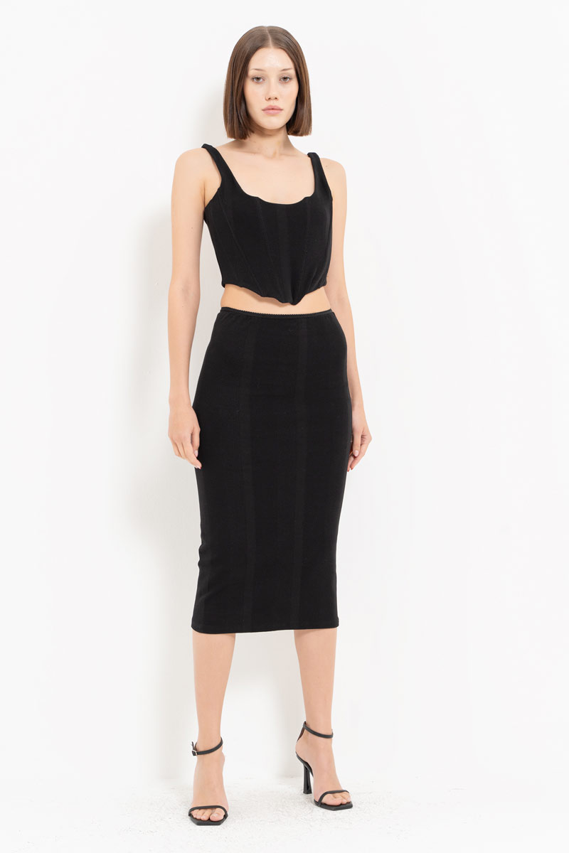 Wholesale Black Wired Crop Cami & Midi Skirt Set