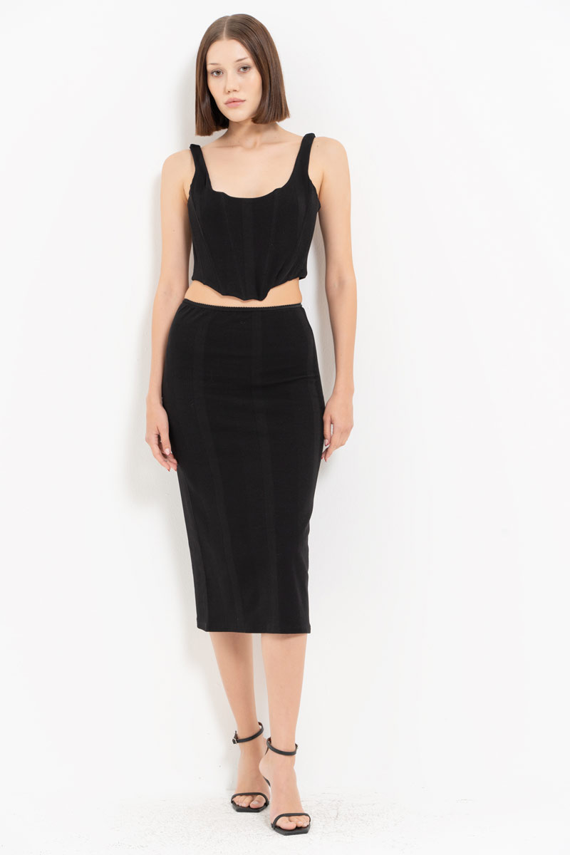 Black Wired Crop Cami & Midi Skirt Set