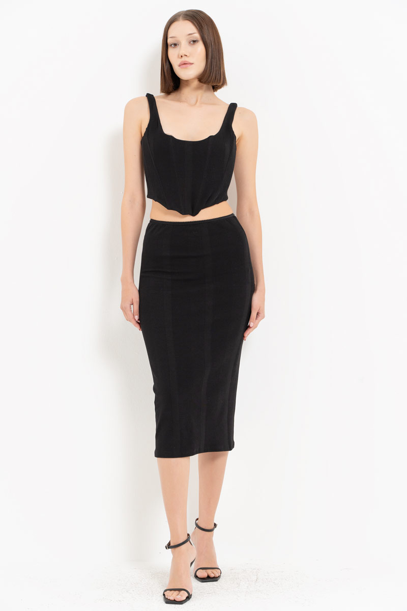 Wholesale Black Wired Crop Cami & Midi Skirt Set