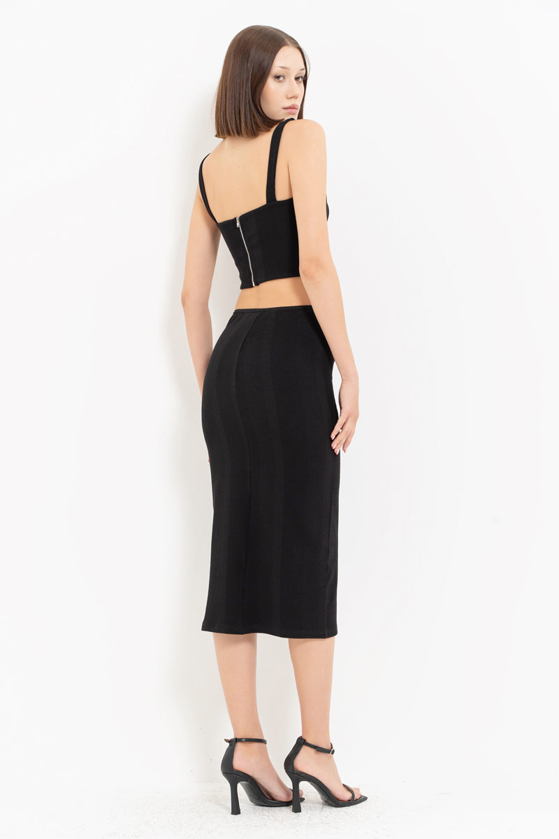 Black Wired Crop Cami & Midi Skirt Set