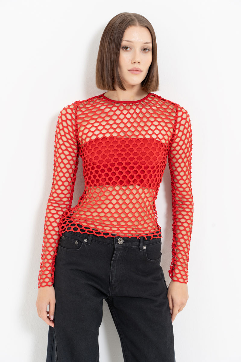 Red Long-Sleeve Net Top