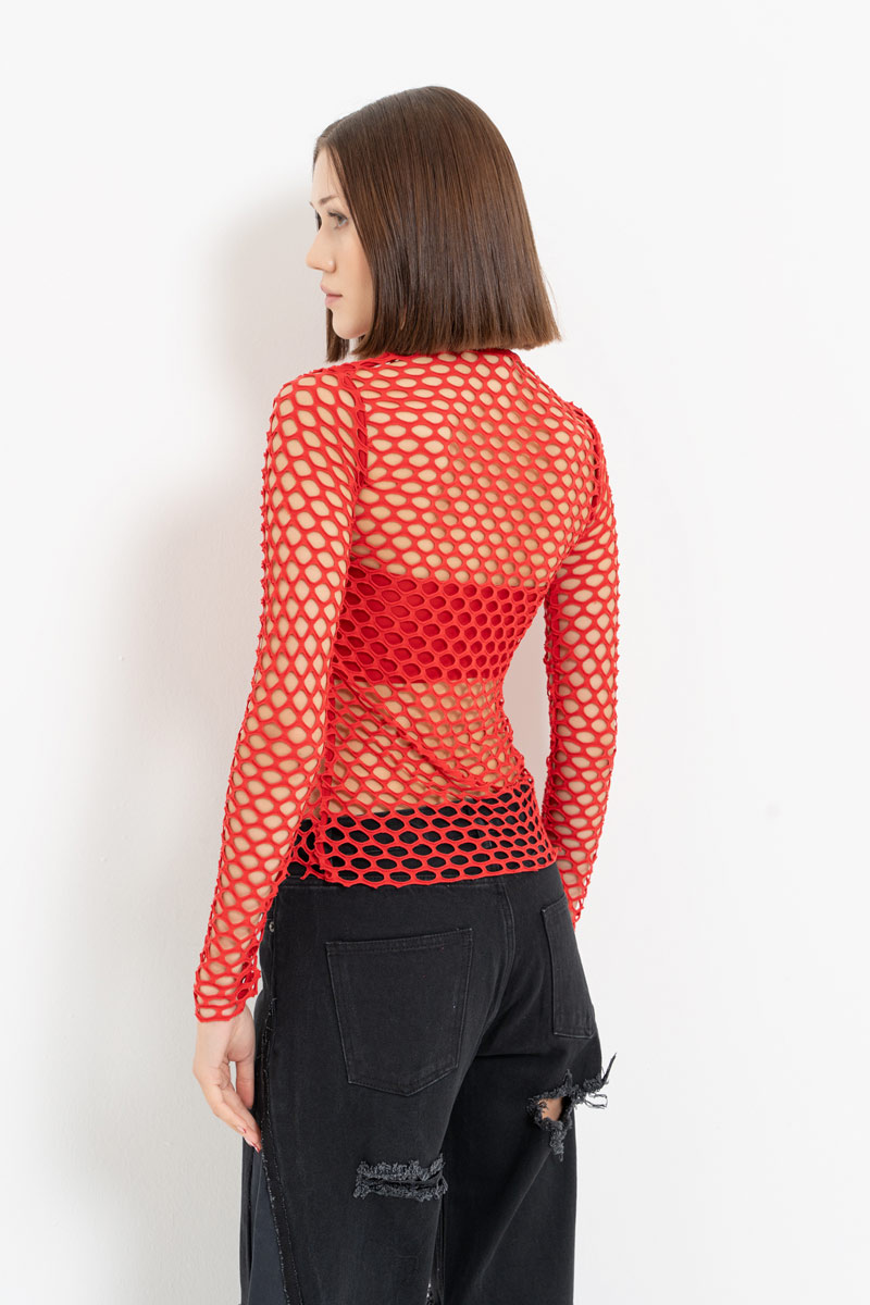 Red Long-Sleeve Net Top