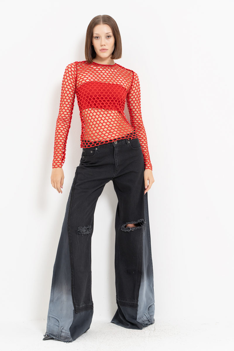 Red Long-Sleeve Net Top