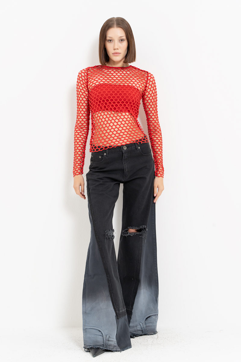 Red Long-Sleeve Net Top