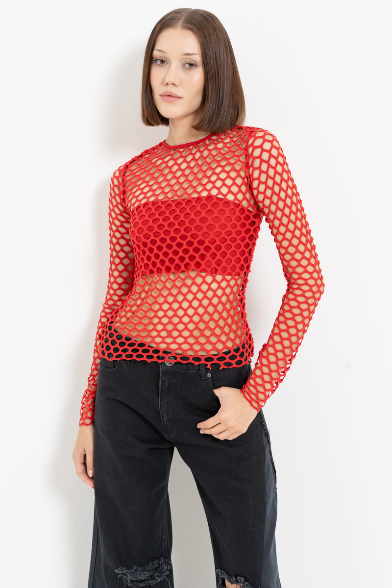 Red Long-Sleeve Net Top