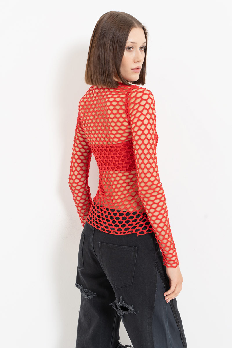 Red Long-Sleeve Net Top