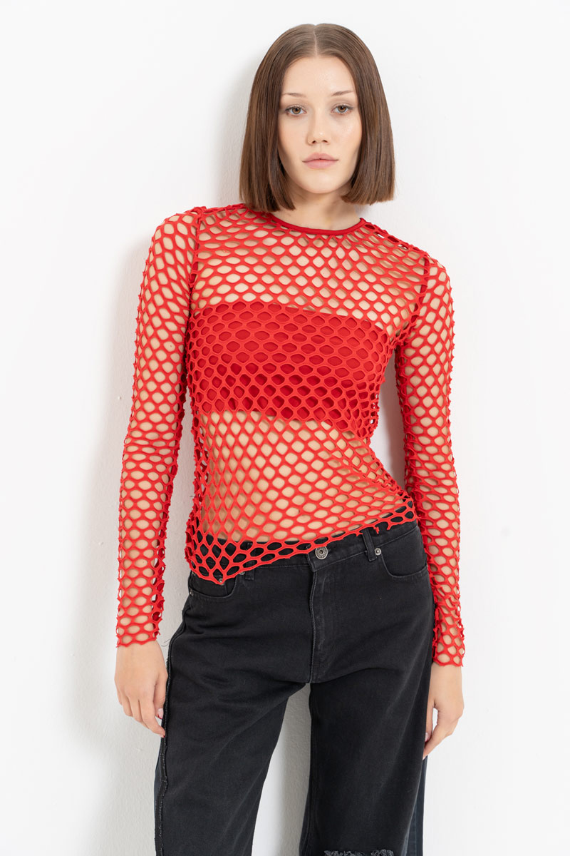 Red Long-Sleeve Net Top