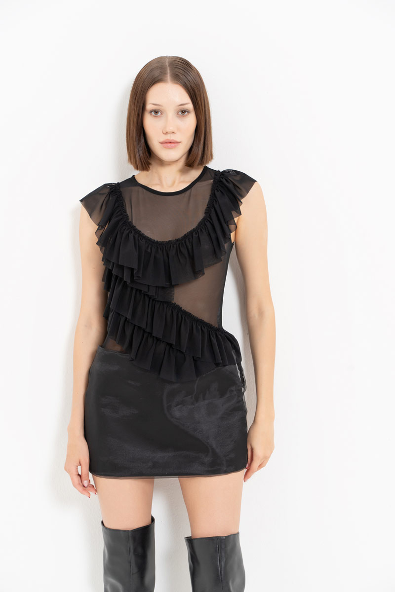 Black Ruffle-Trim Snap-Button Mesh Bodysuit