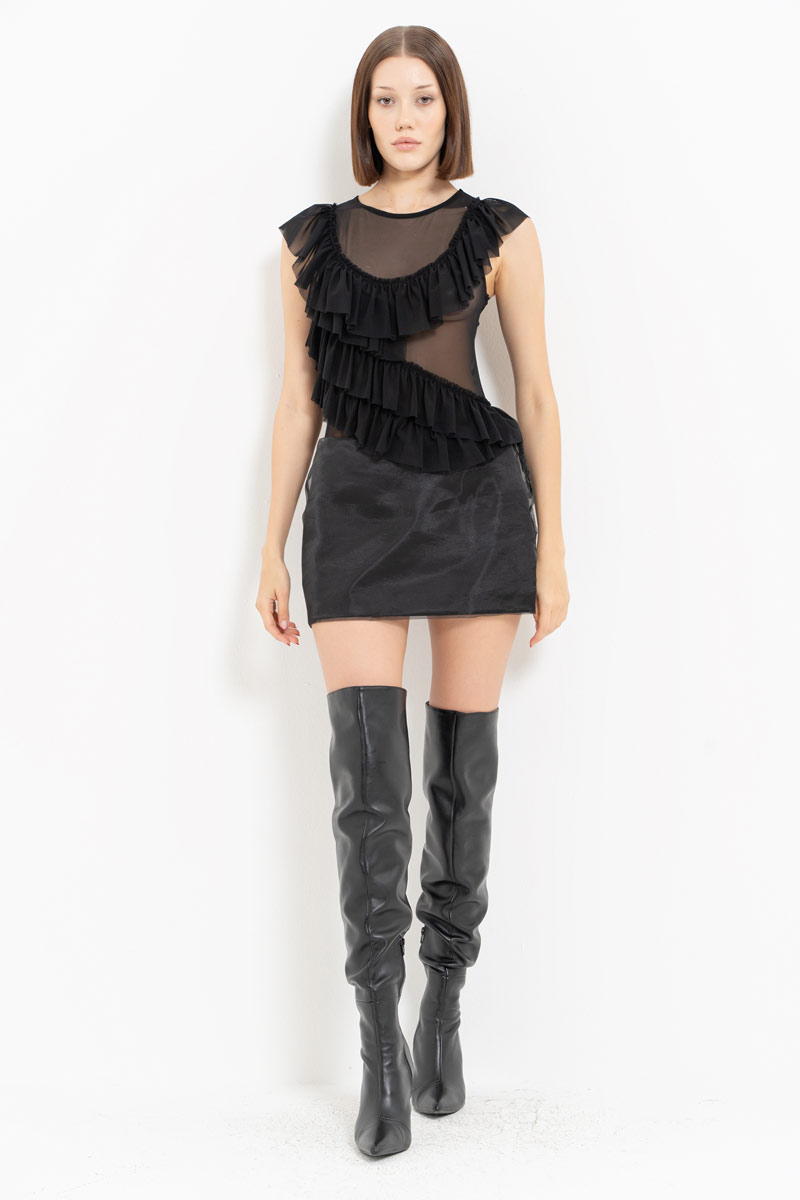 Black Ruffle-Trim Snap-Button Mesh Bodysuit