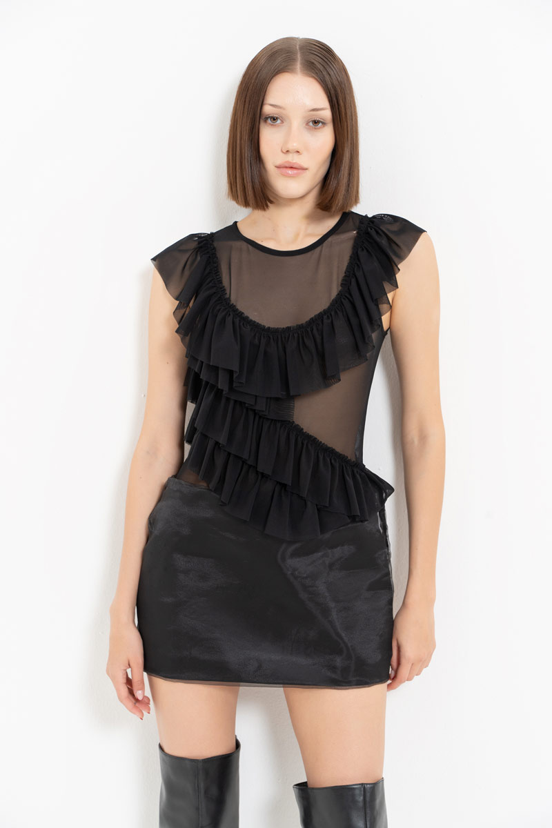 Black Ruffle-Trim Snap-Button Mesh Bodysuit