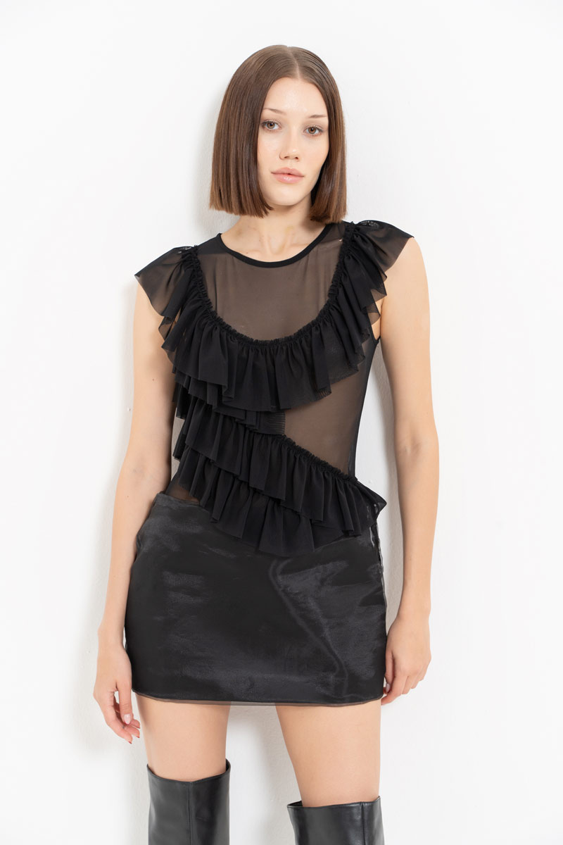 Black Ruffle-Trim Snap-Button Mesh Bodysuit