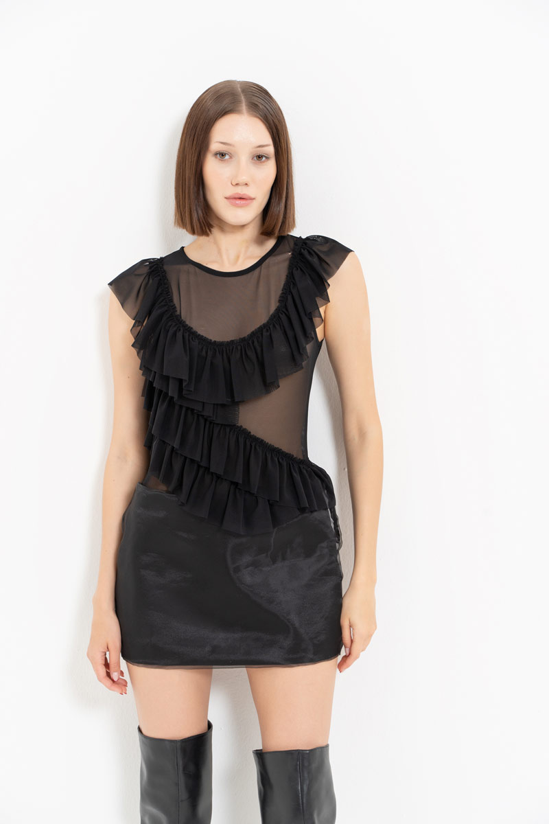 Black Ruffle-Trim Snap-Button Mesh Bodysuit