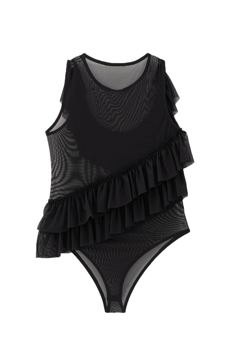 Black Ruffle-Trim Snap-Button Mesh Bodysuit