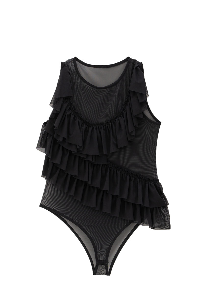 Black Ruffle-Trim Snap-Button Mesh Bodysuit