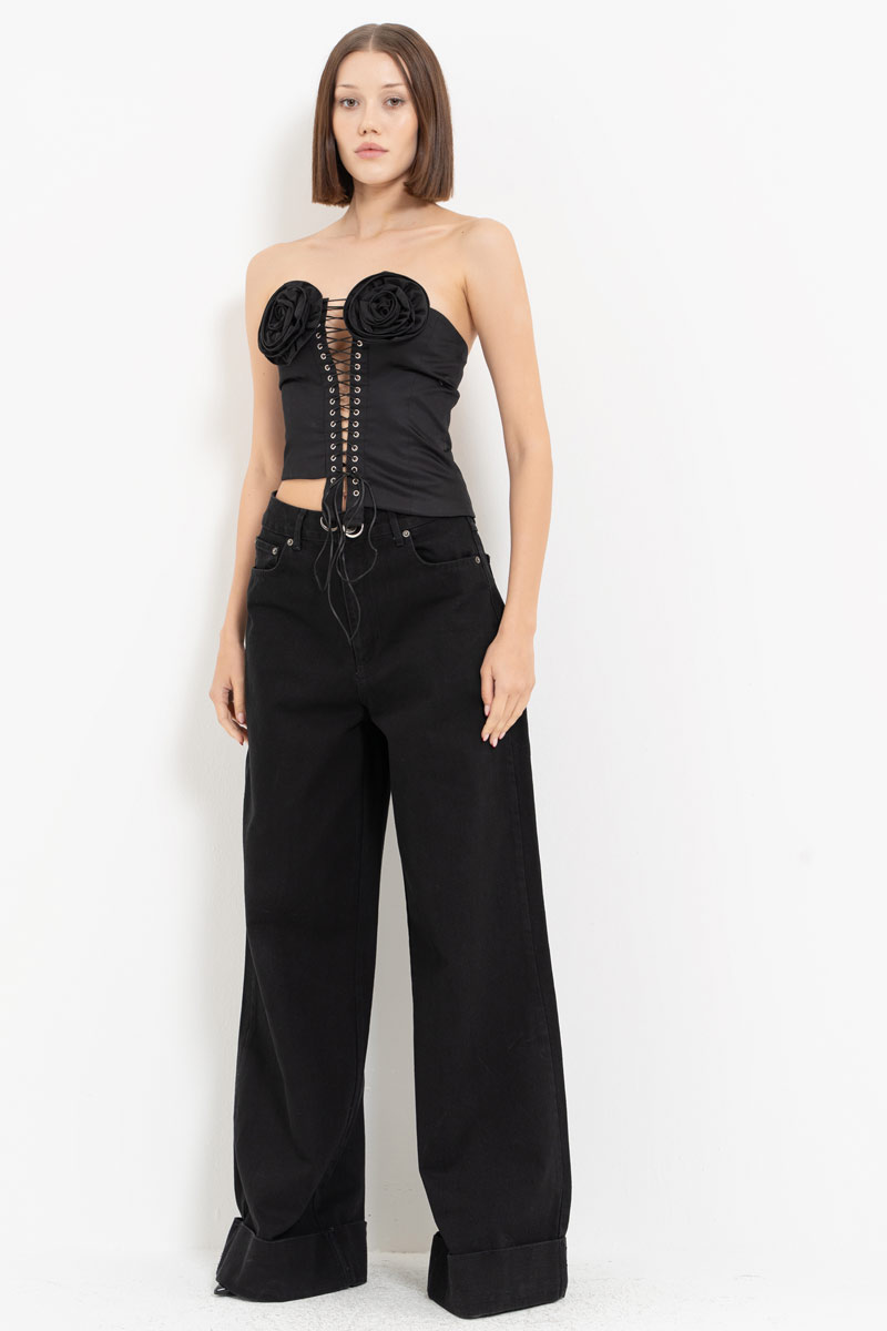 Black Rose-Accent Eyelet Bustier