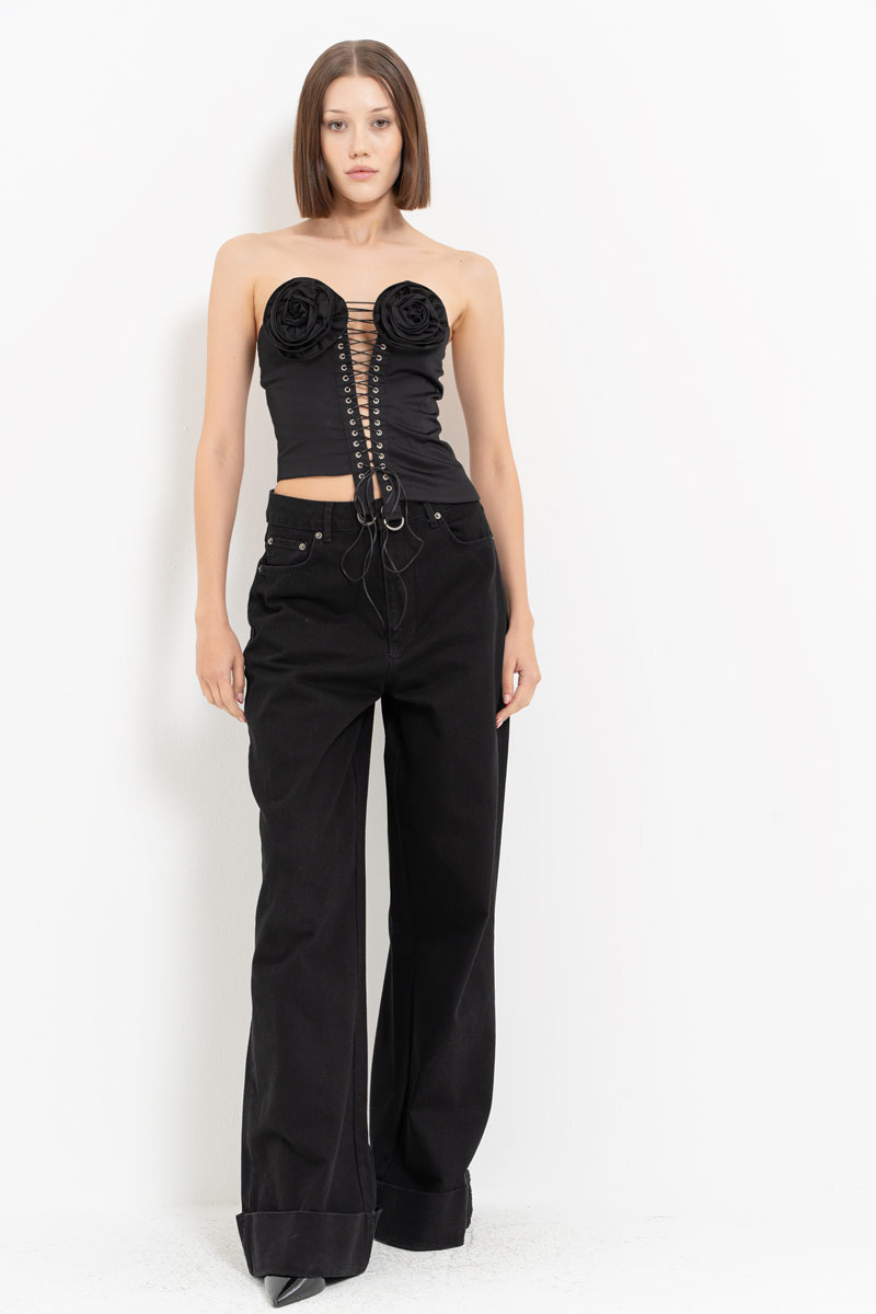 Black Rose-Accent Eyelet Bustier