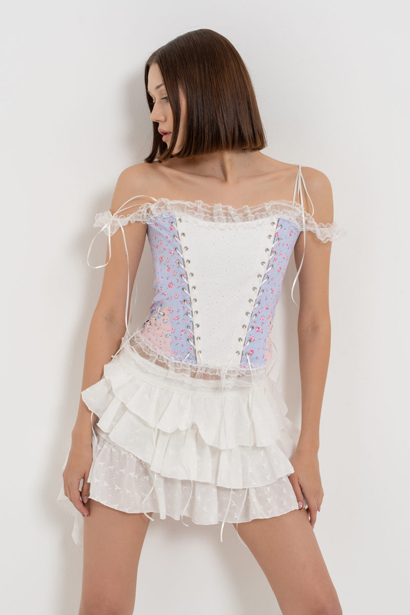 Blue Offwite Pink Patterned Eyelet Bustier