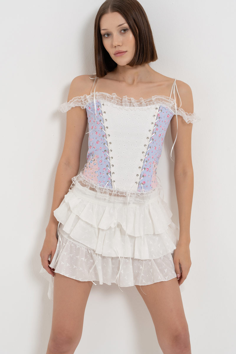 Blue Offwite Pink Patterned Eyelet Bustier