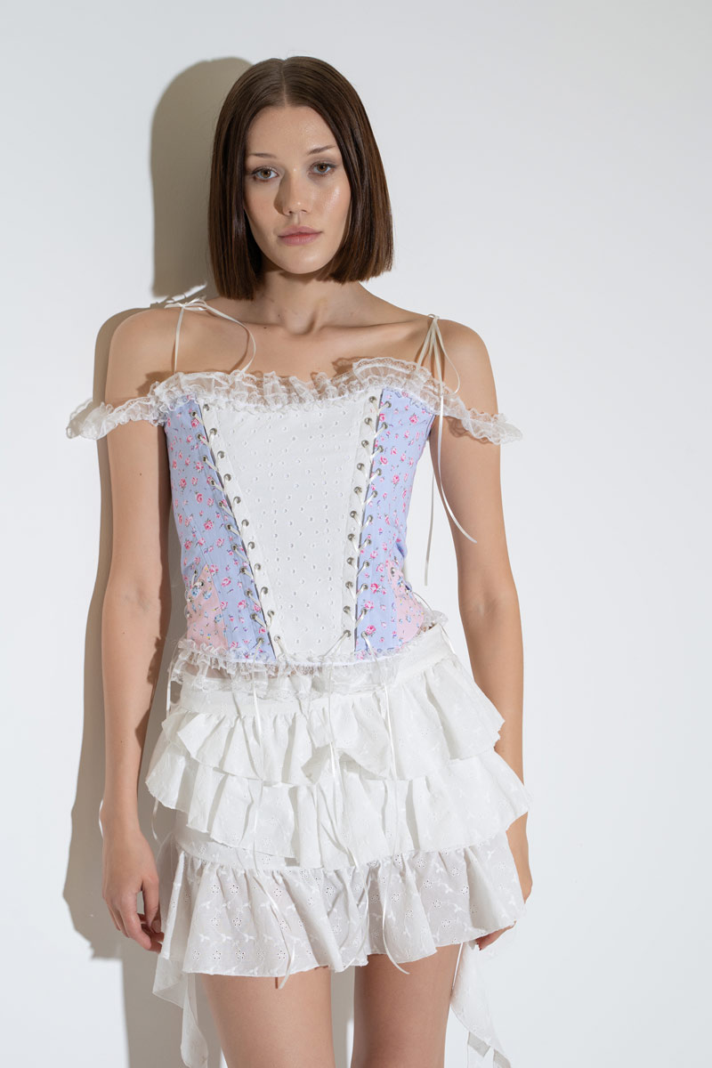 Blue Offwite Pink Patterned Eyelet Bustier