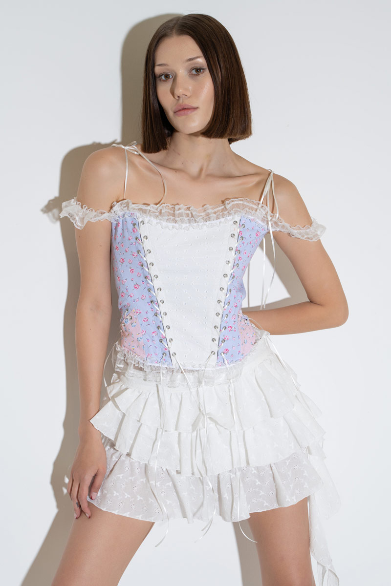 Blue Offwite Pink Patterned Eyelet Bustier