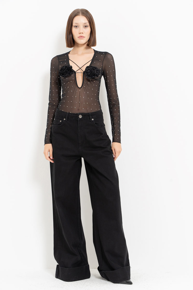 Black - Janjan Rose-Accent Embellished Mesh Bodysuit