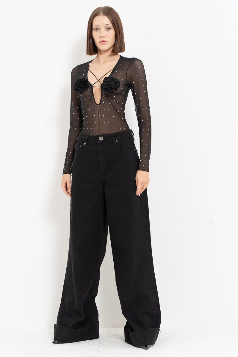 Black - Janjan Rose-Accent Embellished Mesh Bodysuit