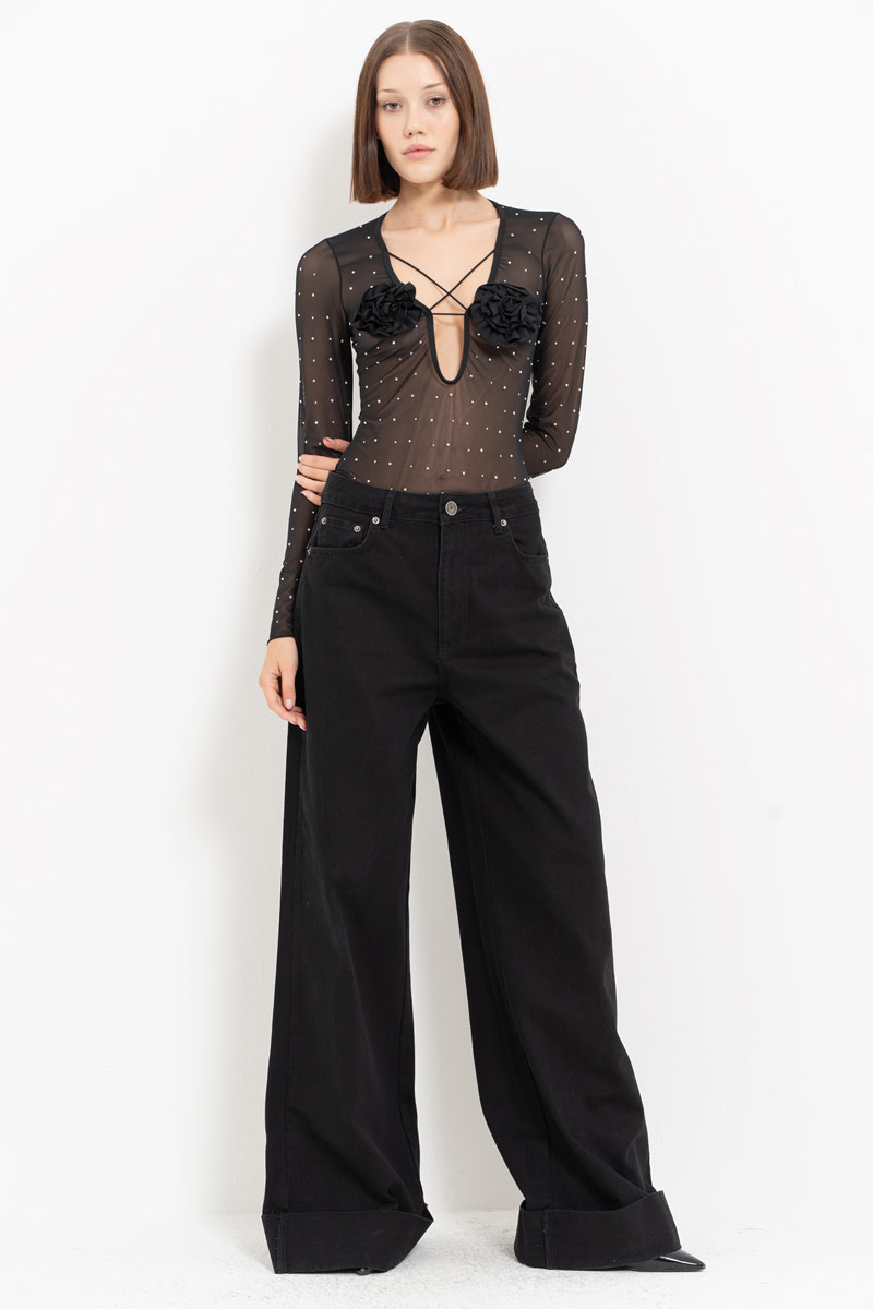 Black - Janjan Rose-Accent Embellished Mesh Bodysuit