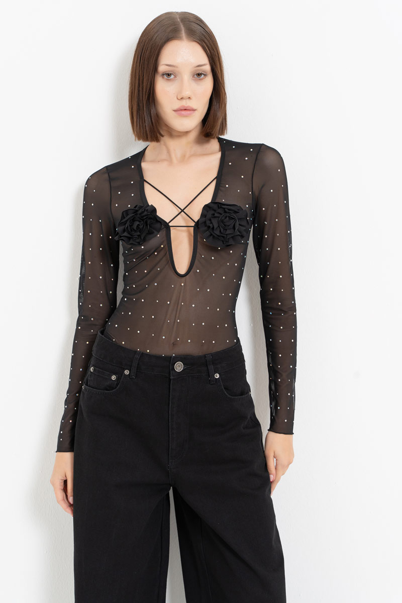 Black - Janjan Rose-Accent Embellished Mesh Bodysuit