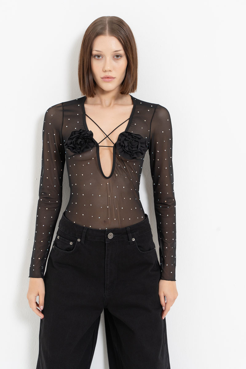 Black - Janjan Rose-Accent Embellished Mesh Bodysuit