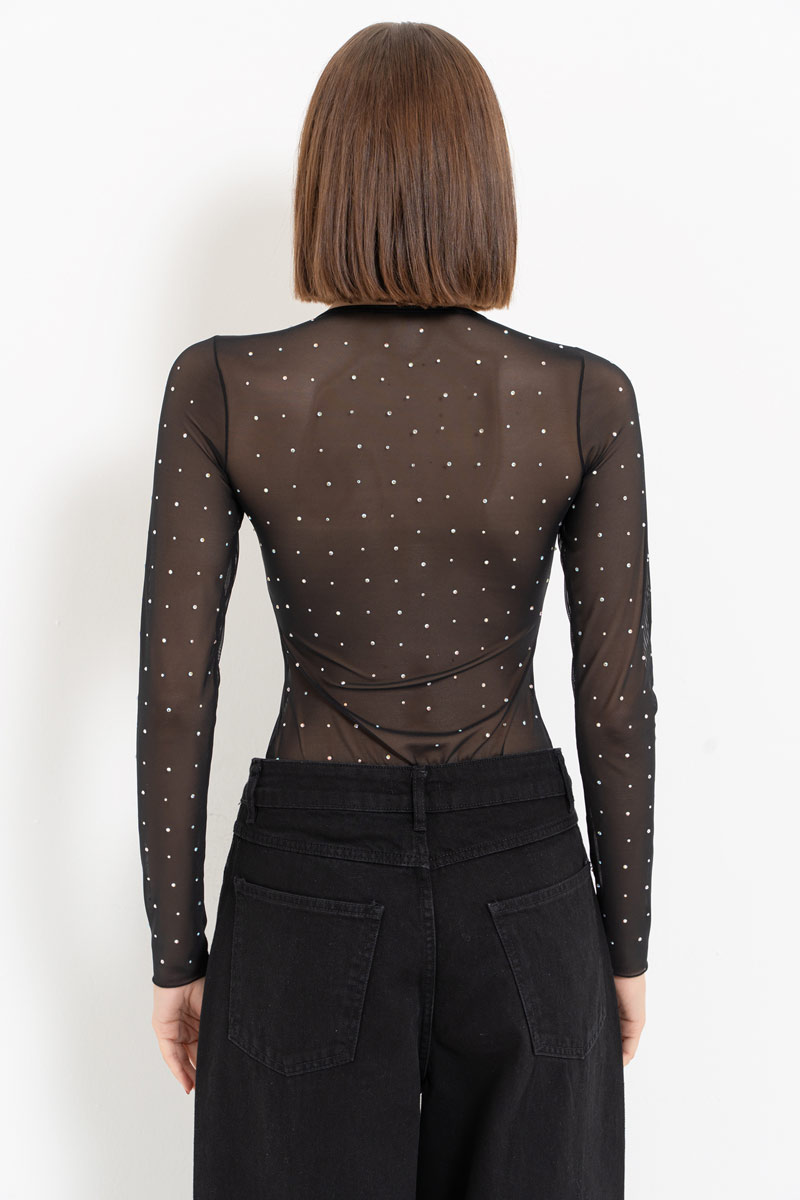 Black - Janjan Rose-Accent Embellished Mesh Bodysuit