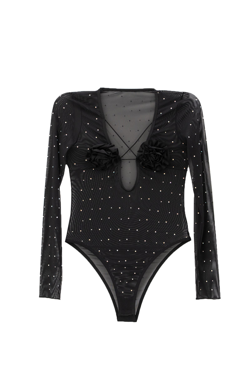 Black - Janjan Rose-Accent Embellished Mesh Bodysuit