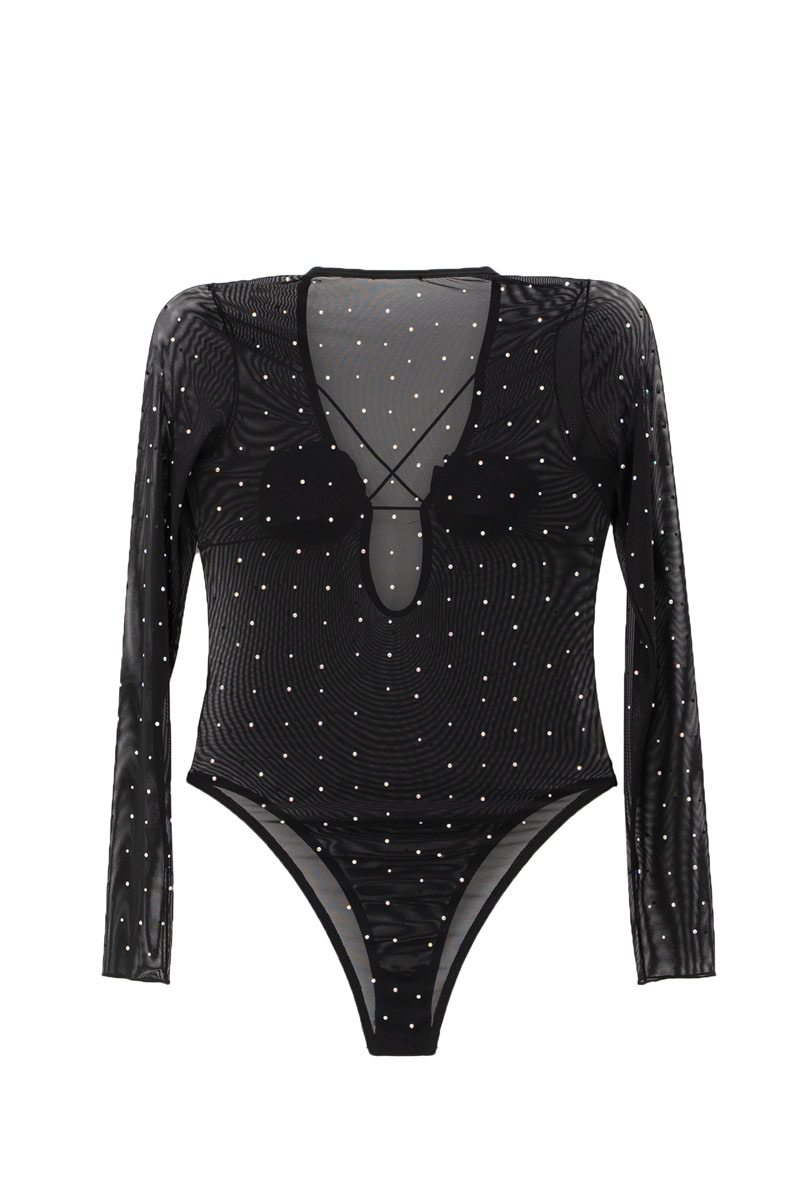 Black - Janjan Rose-Accent Embellished Mesh Bodysuit