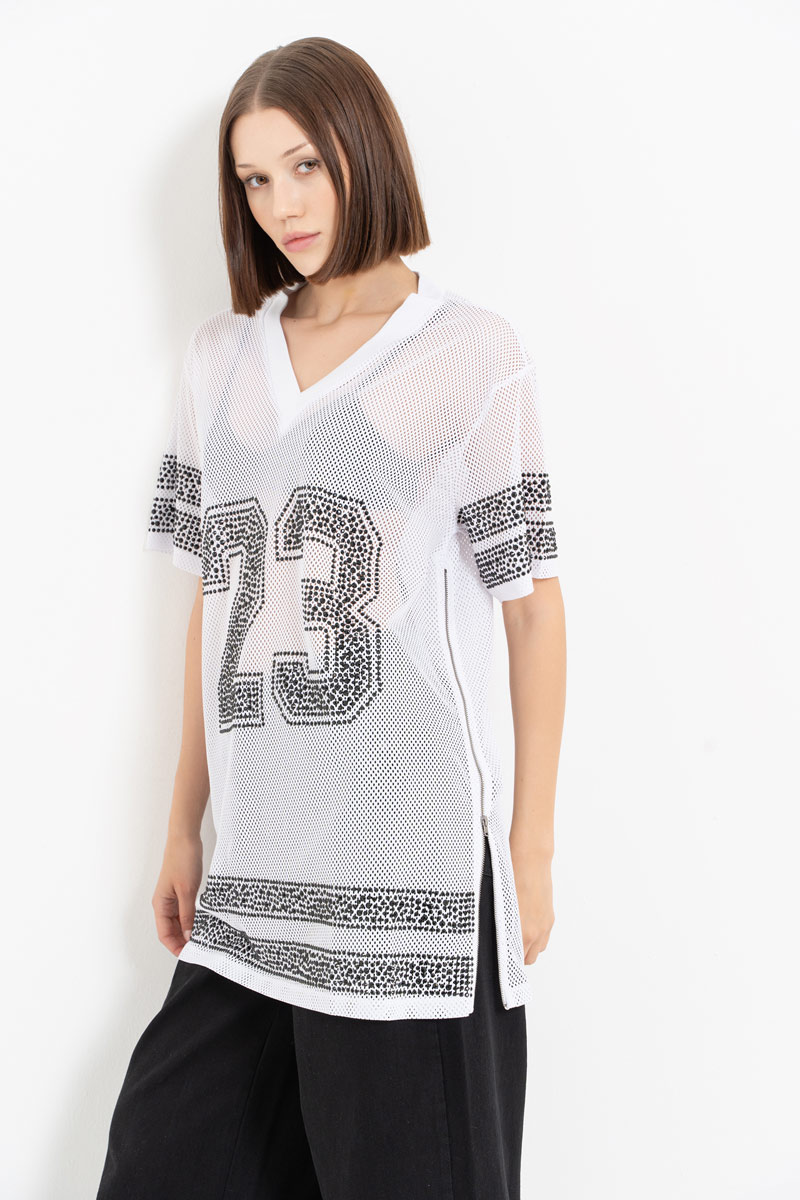 Wholesale Rhinestone Embellished White Mesh Jersey