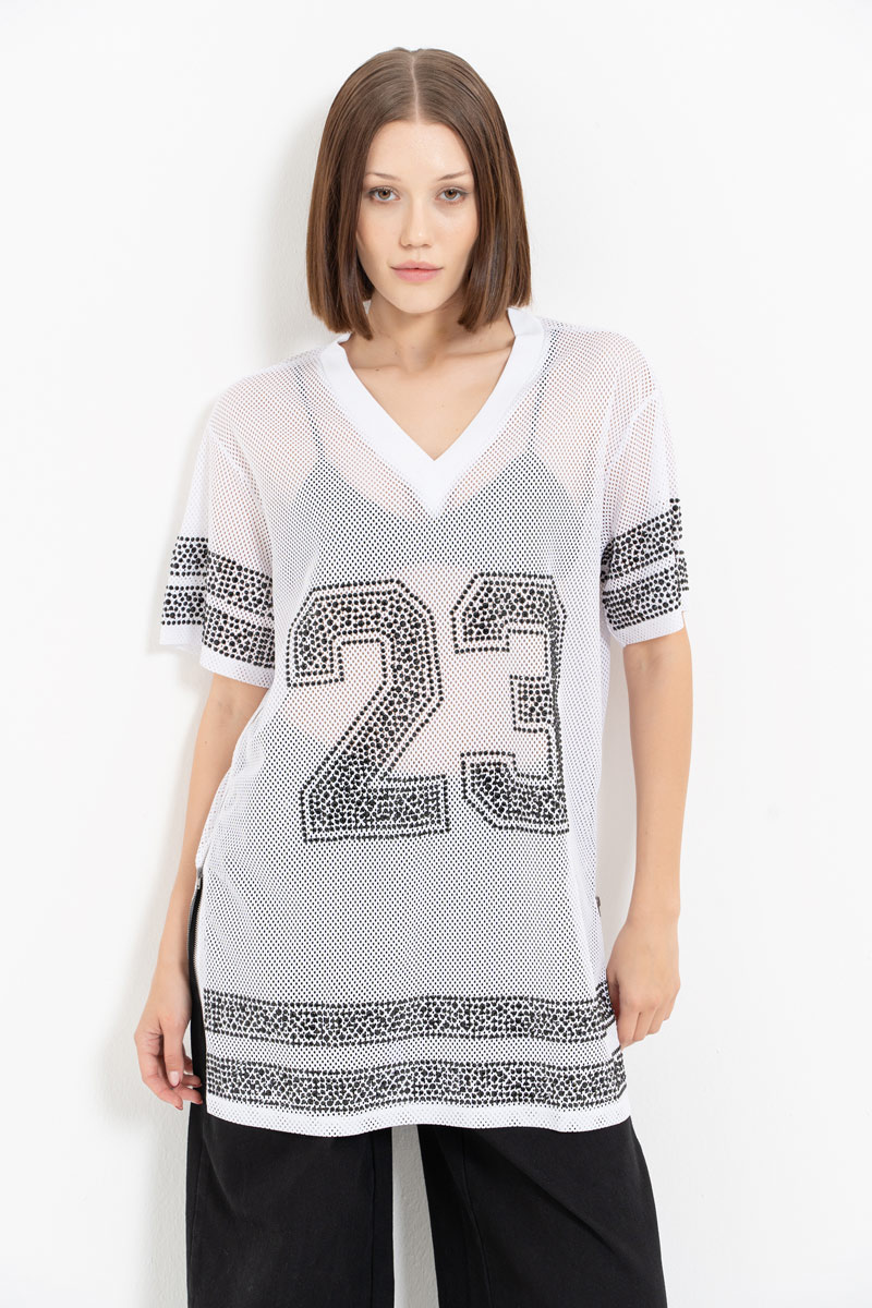 Rhinestone Embellished White Mesh Jersey