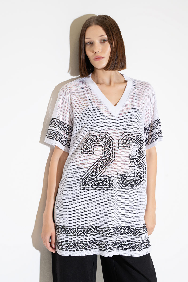 Rhinestone Embellished White Mesh Jersey