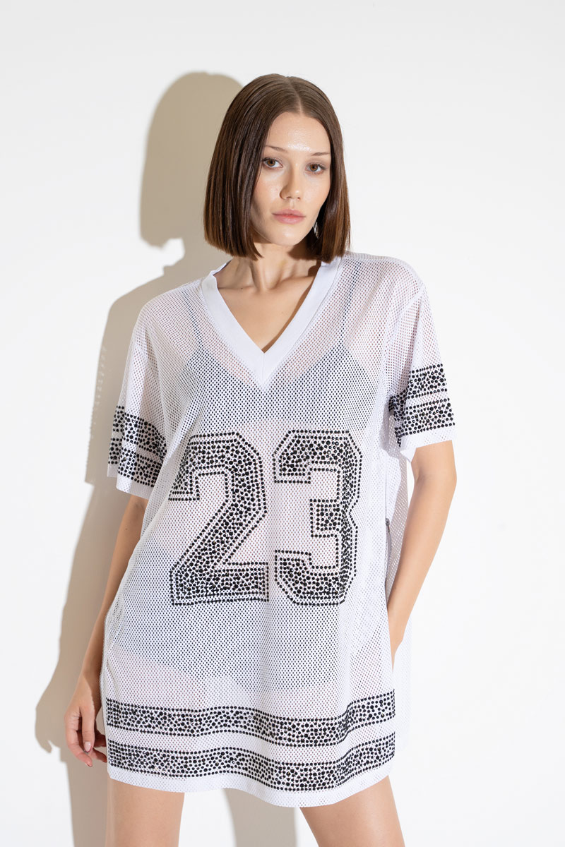 Rhinestone Embellished White Mesh Jersey