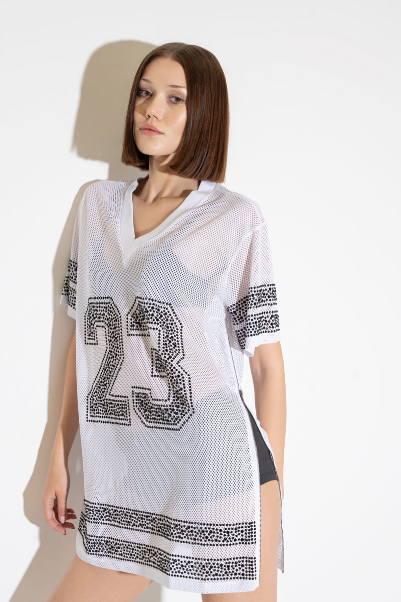 Wholesale Rhinestone Embellished White Mesh Jersey