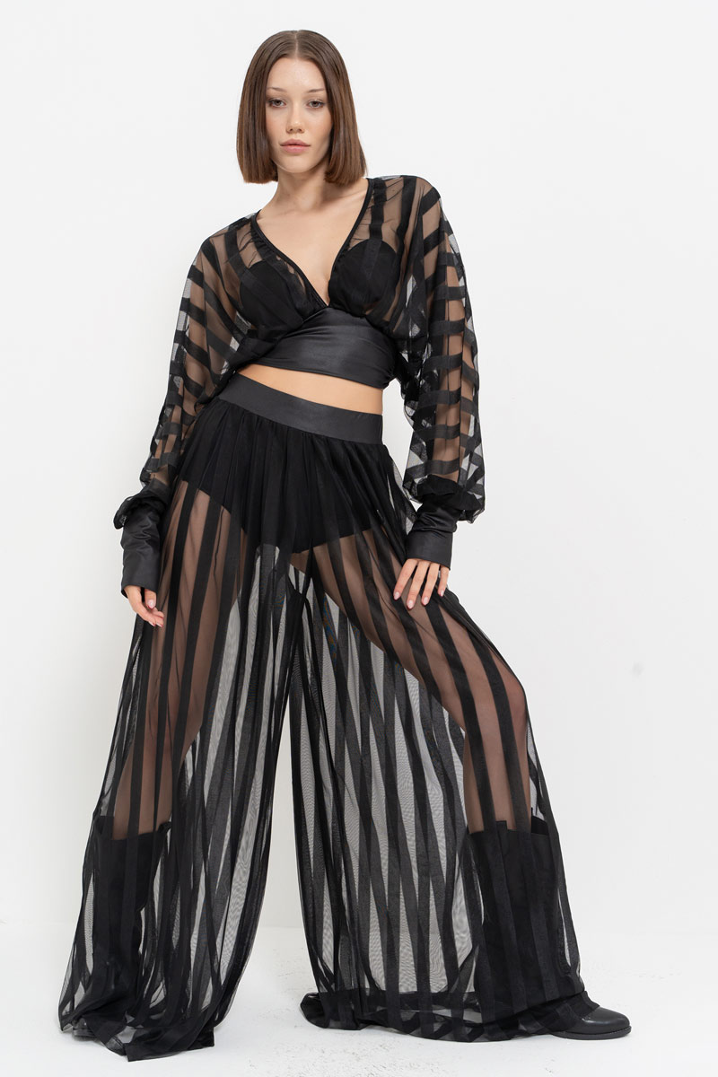 Wholesale Sheer Blouse Wide Leg Black Set