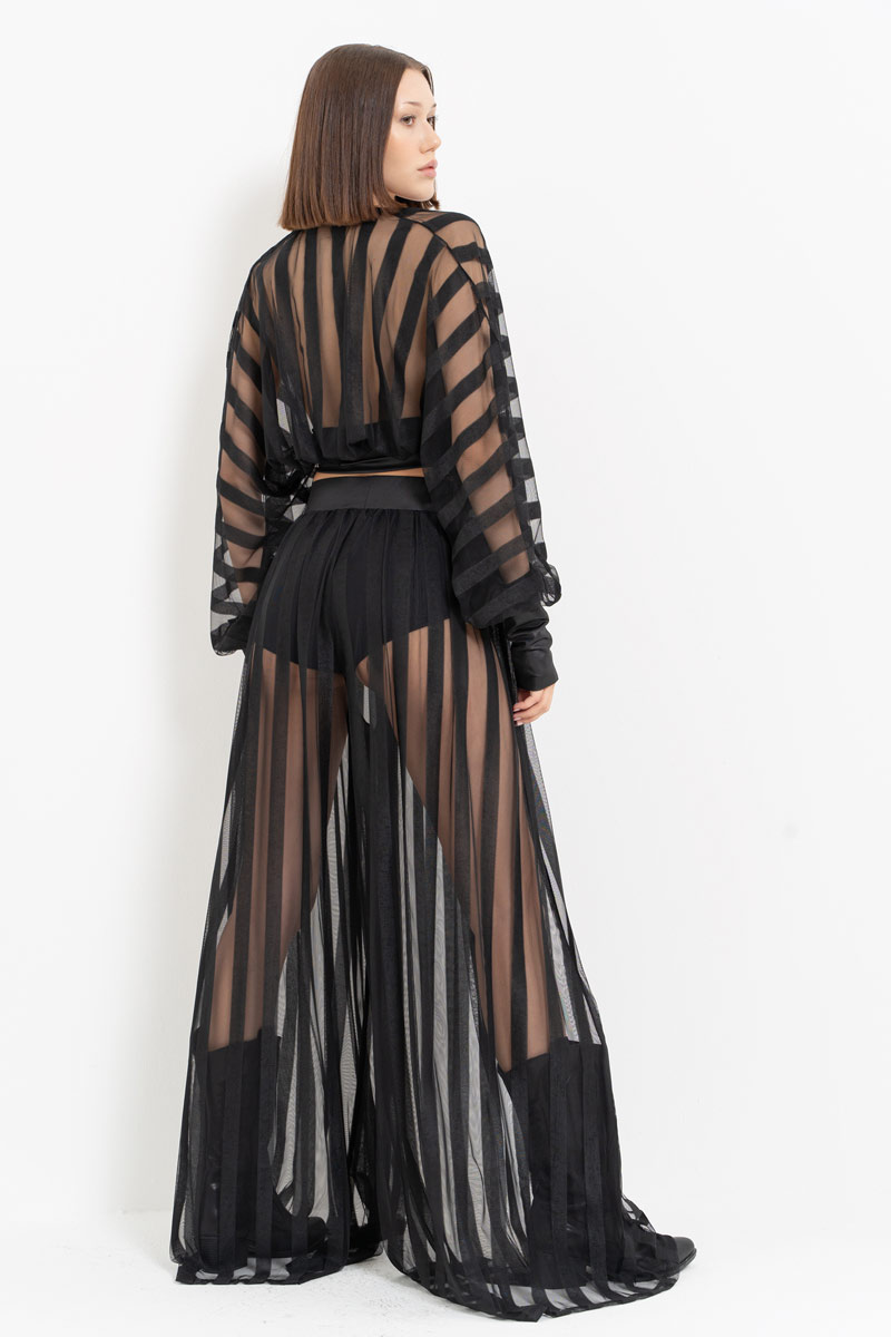 Sheer Blouse Wide Leg Black Set